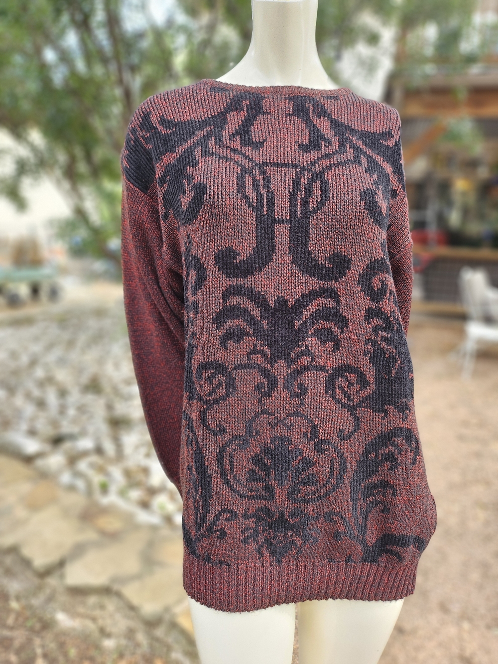 Anne Klein Knitwear By Sadimara Red and Black Damask Crewneck Sweater M